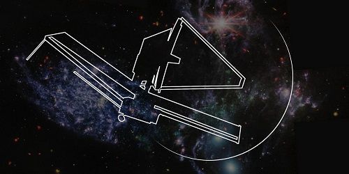 Line drawing of JWST on a background of the Stephan's Quintet observed by JWST using MIRI