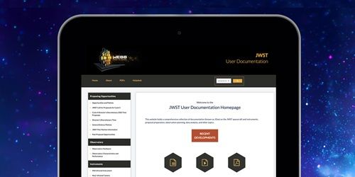 Screenshot of the top of the JDox homepage shown on a tablet with a space background