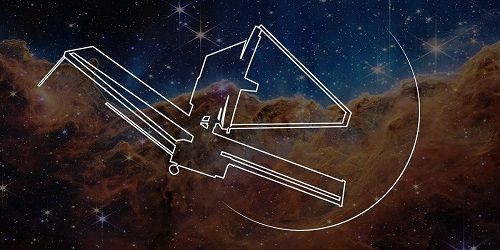 Line drawing of JWST on a background of the Cosmic Cliffs observed by JWST using NIRCam