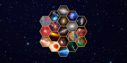 Collage of space images within a hexagon mirror illustrating JWST's science themes