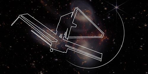 Line drawing of JWST on a composite background image of Stephan's Quintet observed by JWST