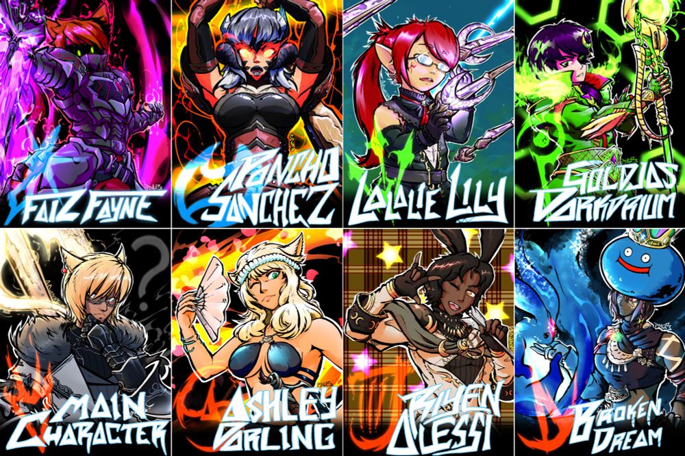 Final Fantasy XIV 2023 Vegas Fanfest badge commissions, featuring clients' player characters.