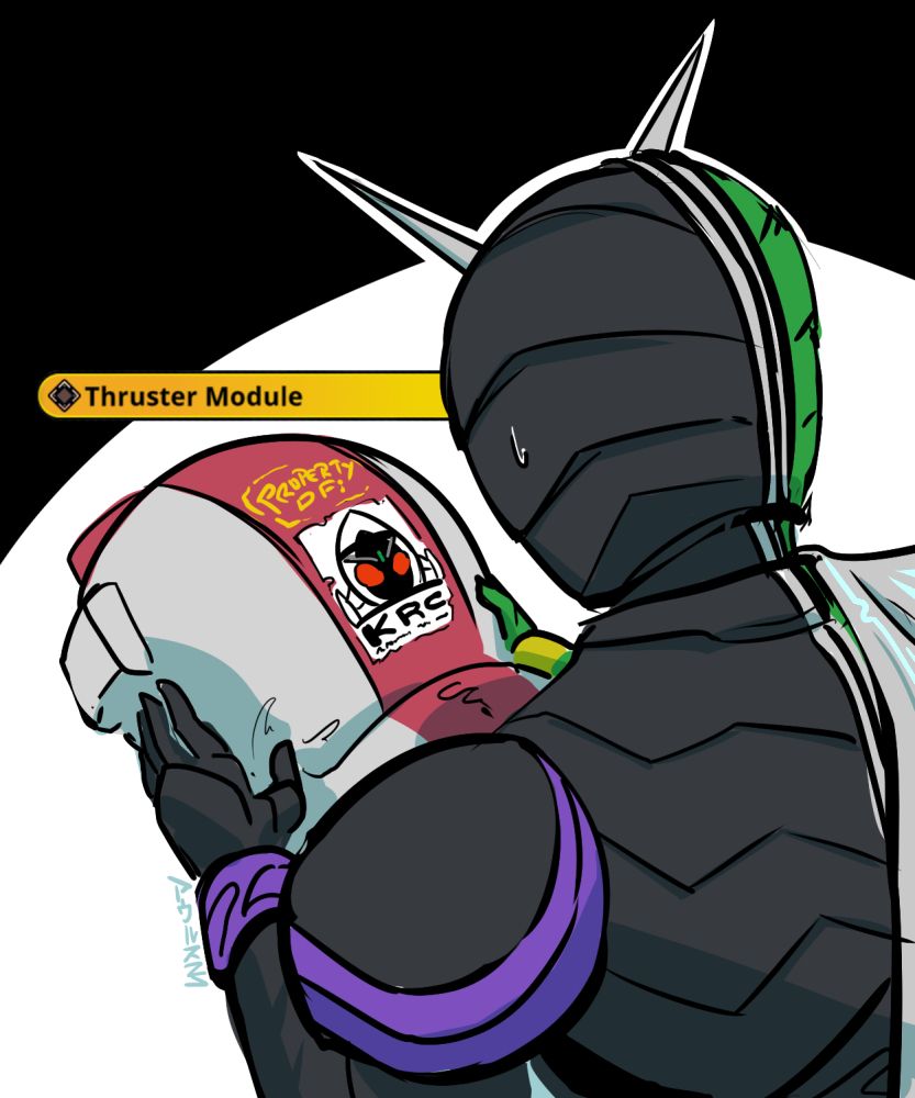 Kamen Rider W, holding the aforementioned "Thruster Module" - an astronaut helmet with a "PROPERTY OF KAMEN RIDER CLUB" sticker on the back