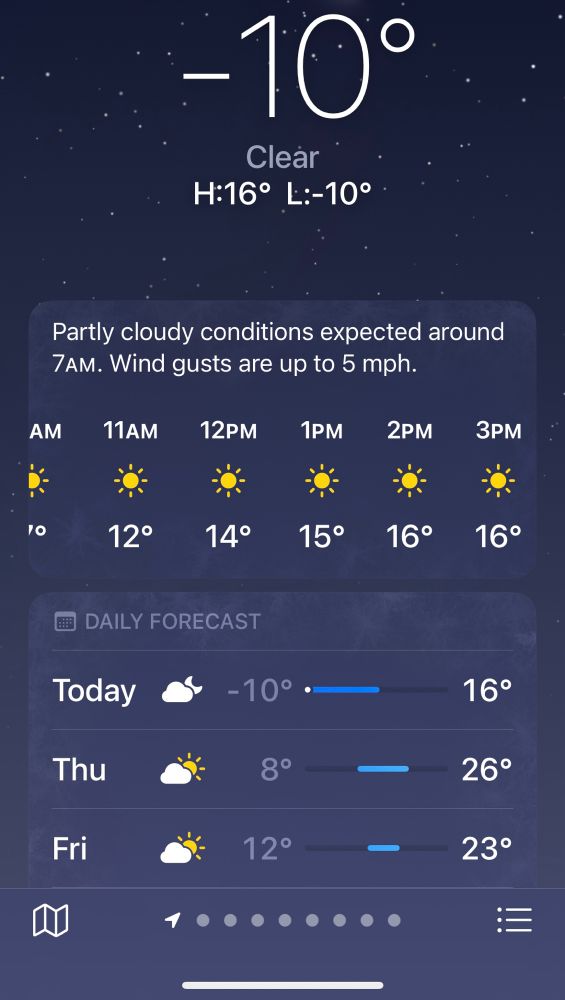 A screenshot of the weather app from my phone showing that the current weather in my area is -10°