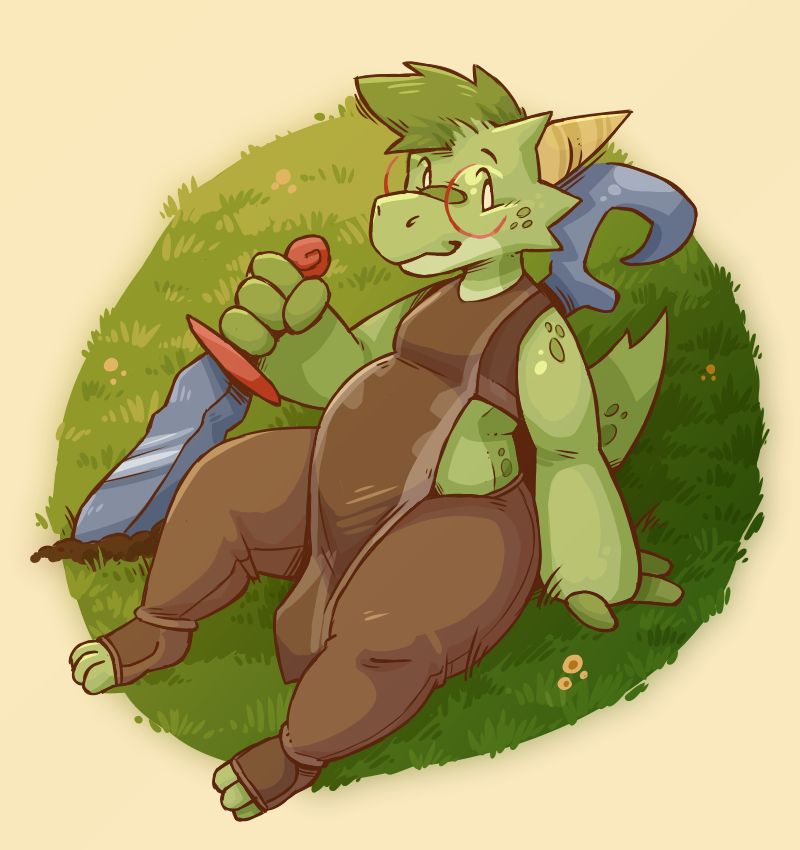 A green reptillian little dork sits in a grassy field. His right hand clutches the handle of a large sword he has planted in the ground at the moment. He wears glasses with large circular, red frames, a crop-top that has a strange cloth all the way down the front, and some standard pants and foot wraps. He looks pretty happy.