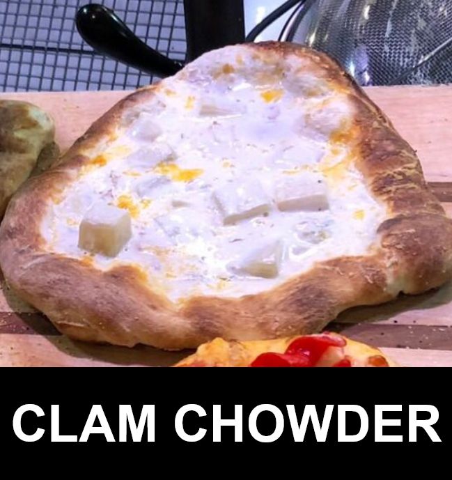 "CLAM CHOWDER PIZZA"

It was very sloppy. It was basically just clam chowder in a bread bowl, so it was decently good.