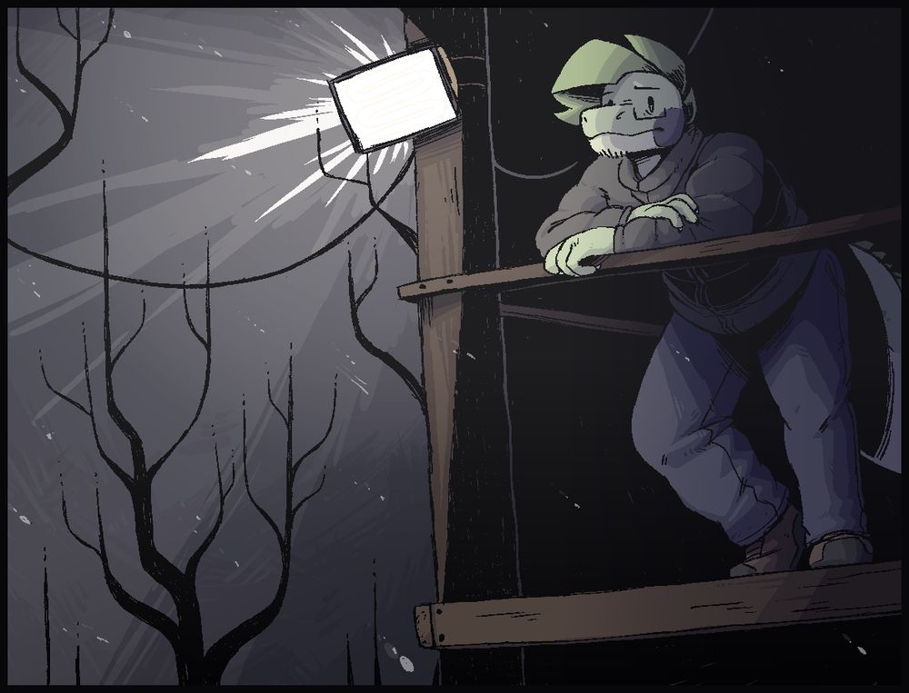 Chris, a green-ish lizard, is currently standing on some sort of wooden platform in a tree. He's wearing a winter jacket, jeans, and hiking shoes.

On the post that supports the wooden platform, there's a floodlight-looking thing. It illuminates the area to the left of the platform, revealing various spiky, tree-like structures poking toward the sky. 

Snow falls on the scene.