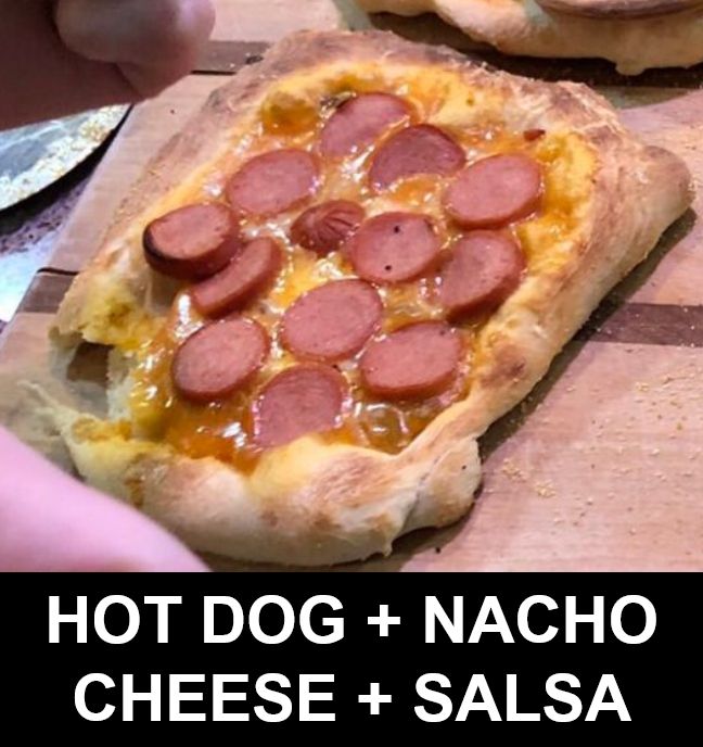 "HOT DOG + NACHO CHEESE + SALSA PIZZA"

It is exactly what it says it is. It was bad and I wanted to throw up when I ate it. 