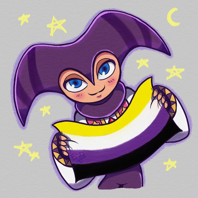The character NiGHTS from NiGHTS into Dreams and Journey of Dreams! They are holding a non-binary flag in celebration of Pride Month! NiGHTS is front-facing, holding the flag in front of them, and has a sweet smile