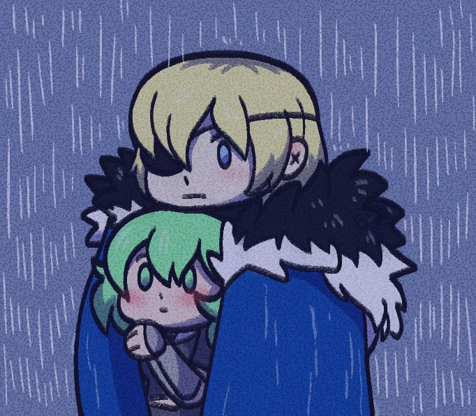 Dimitri and Byleth snuggling up in the rain