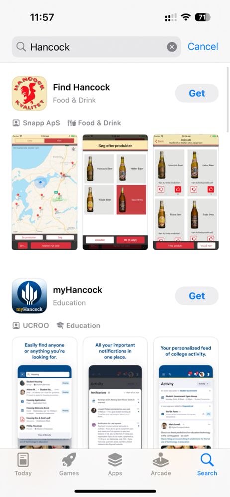 Screenshot of Apple App Store open with results to a search for “Hancock”.