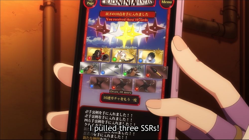a screenshot of "black ninja fantasy" from ninkoro that looks an awful lot like granblue fantasy.  satoko got three ssrs!