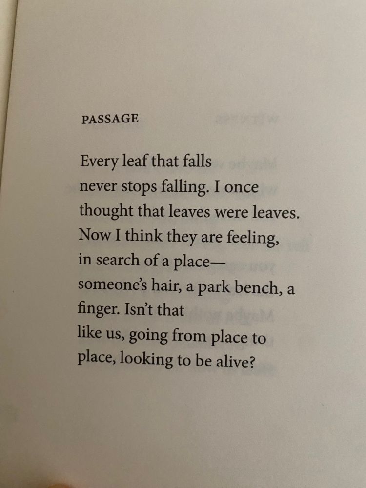 Passage

Every leaf that falls
never stops falling. I once
thought that leaves were leaves. 
Now I think they are feeling,
in search of a place—
someone’s hair, a park bench, a 
finger. Isn’t that
like us, going from place to
place, looking to be alive? 

-Victoria Chang