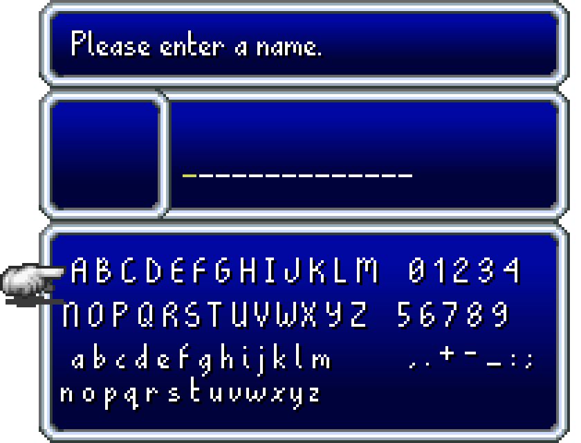 a name entry screen stylized after old square enix jrpgs