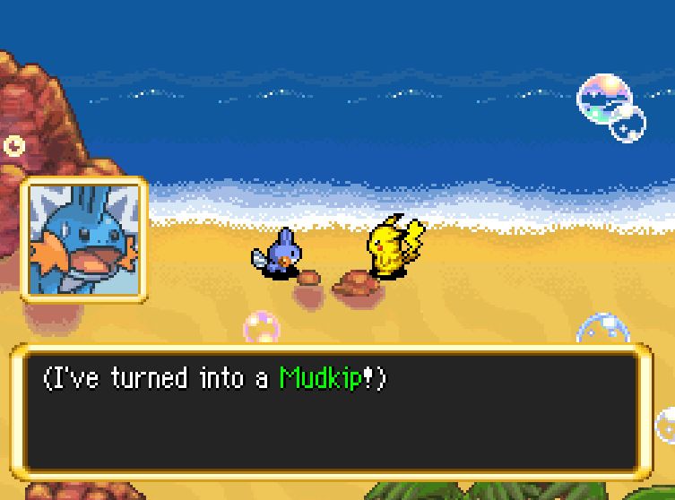 a screenshot from pokemon mystery dungeon of a mudkip saying "ive turned into a mudkip!"