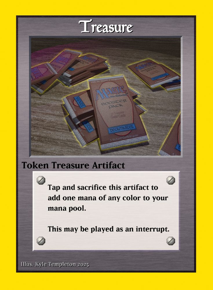 a proxy card for magic the gathering for a "treasure token" in the style of old pokemon cards. the card art is a few stacks of magic the gathering packs