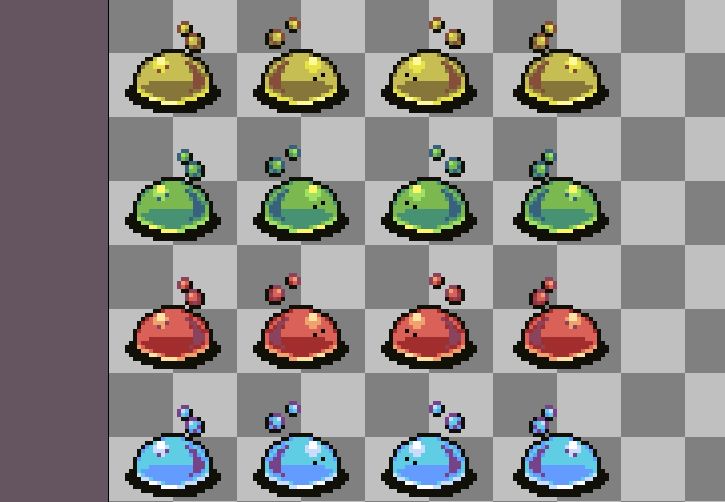 a collection of different colored slime enemies in isometric pixel art