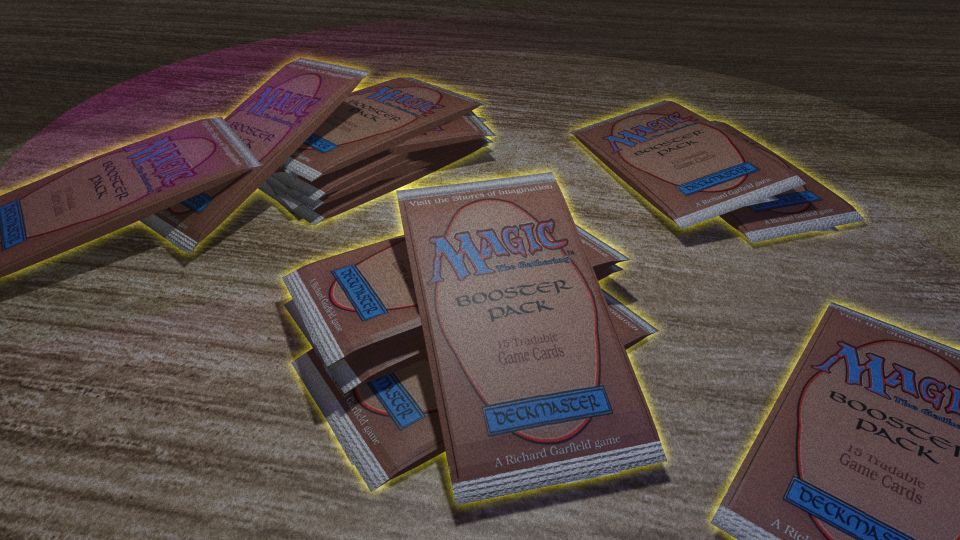 a few piles of magic the gathering booster packs