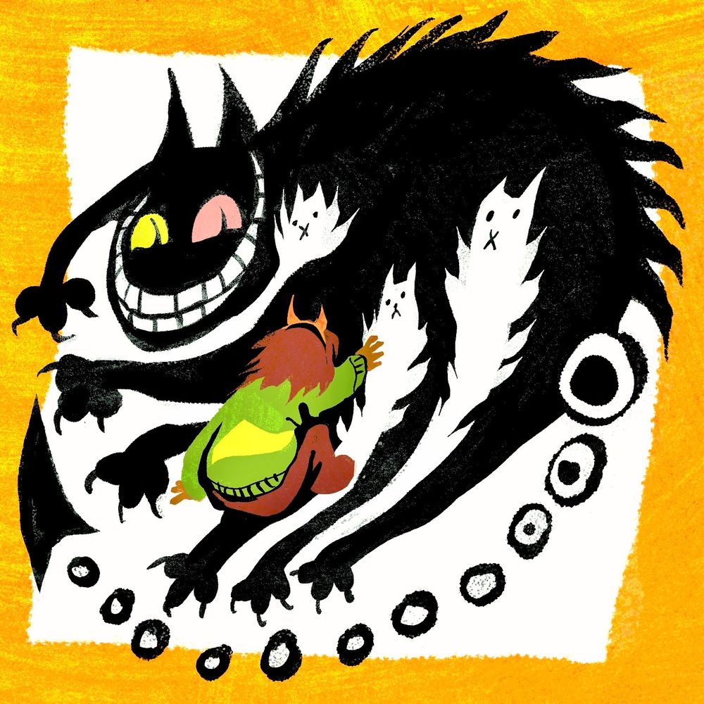 Digital drawing featuring a young Kris and FRIEND from Deltarune. Kris is sitting down, petting a white cat. The white cat is actually part of FRIEND`s large, shadowy body. FRIEND is smiling widely, staring at Kris. The background is white. An thick, uneven orange border surrounds it.