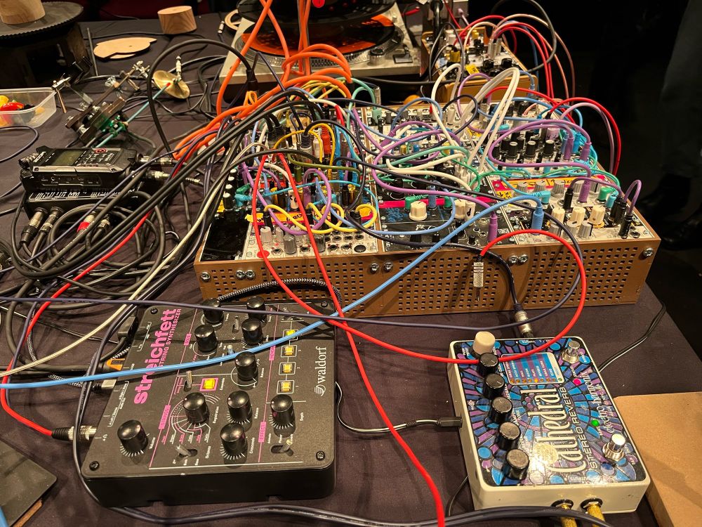 Colourful wires and various gadgets with twiddly knobs. 