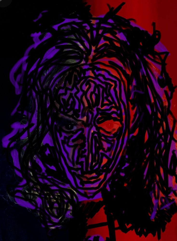 Half purple & half red background split basically vertically over/under greyscale portrait w/crazy medium thick black lines creating a mask effect while covering most of the canvas. It's one in a study of how little must remain for reality to be discernable