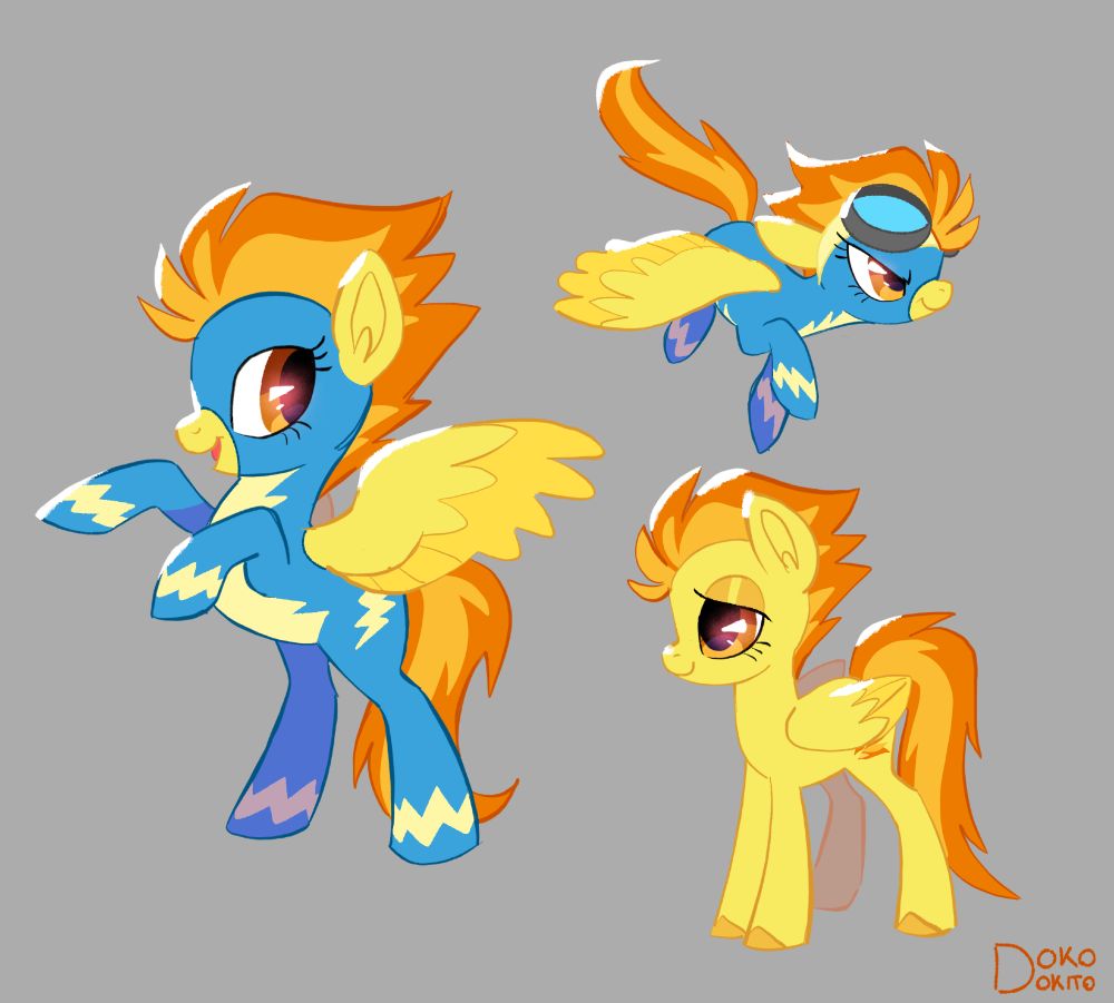 three drawings of spitfire from mlp, on the first one she's wearing the wonderbolt's uniform and rearing, the second one she's also in uniform while flying and on the third one she's just standing there out of uniform