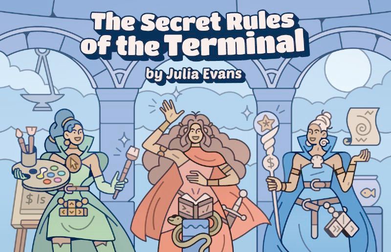 The Secret Rules of the Terminal, by Julia Evans - The cover illustration depicts three people doing arcane terminal magic in a temple with a smoking censer in the background. Each of the three people has curly brown hair and light brown skin. They are all wearing dresses, billowing cloaks, and utility belts with keyboard symbols on them. The one on the left holds a palette of paints and a brush. The one on the right has a staff with a $ symbol on it and a starfish at the top. The one in the centre has a sword and is reading from a book whose cover says “>_” and “./”, which rests on a lectern with a smiling snake wrapped around it. 
