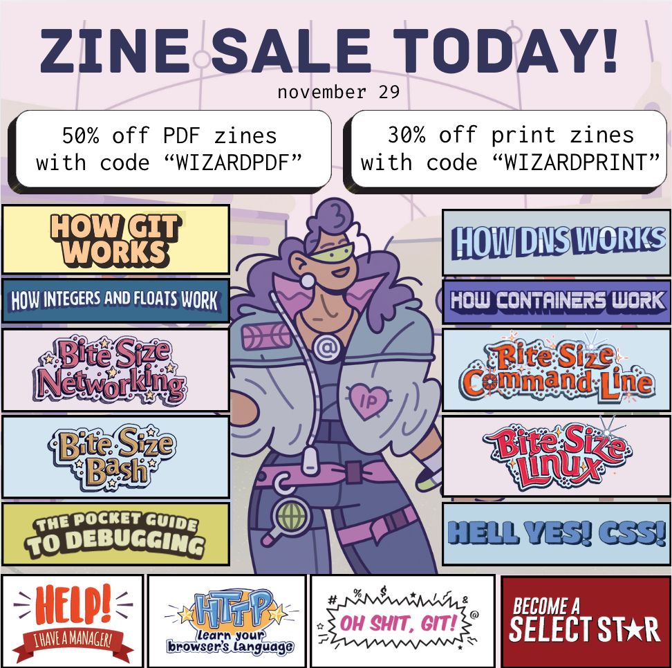 an image with the discount codes and the titles of all the zines and the cool character from the "How DNS Works" in the background