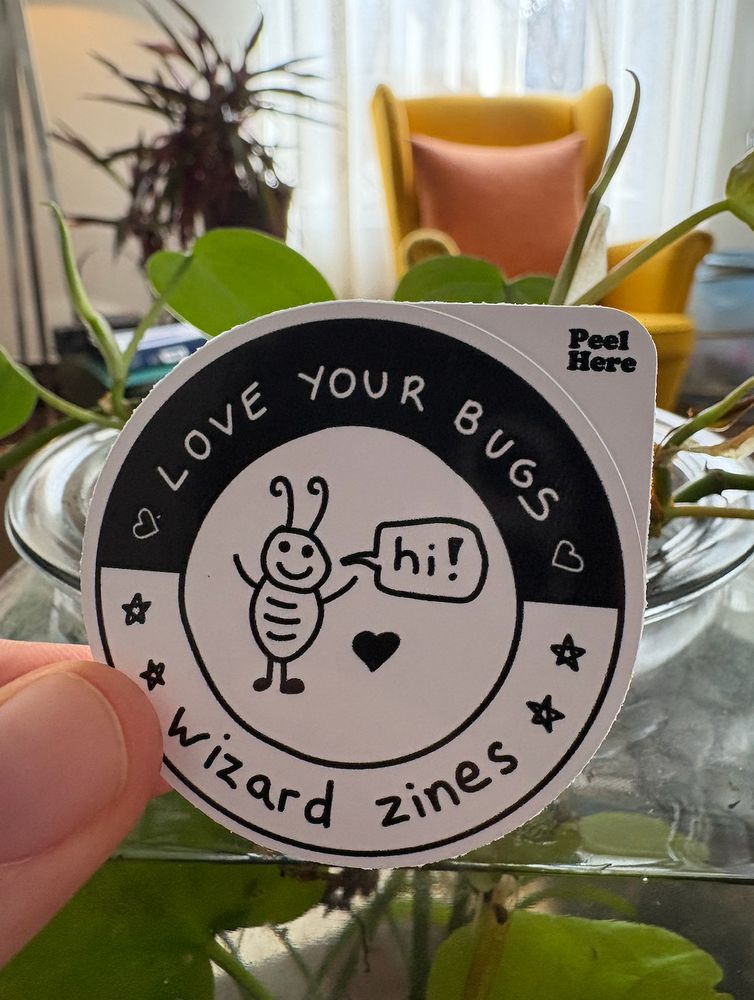 A sticker that says “love your bugs” with a cute bug in the middle saying “hi!”

in the background there’s a fish tank with plants growing out of it and a yellow chair