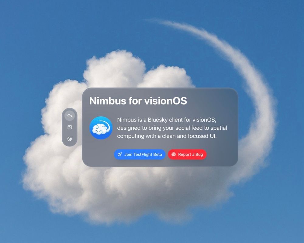 A promotional screen for “Nimbus for visionOS” is displayed over a cloud background. It describes Nimbus as a Bluesky client for visionOS with a clean UI. Two buttons read “Join TestFlight Beta” and “Report a Bug.”