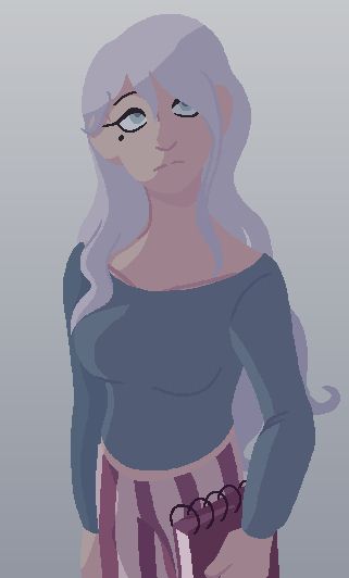 A white haired gal looking upward nonchalantly with a sketchbook in hand. 