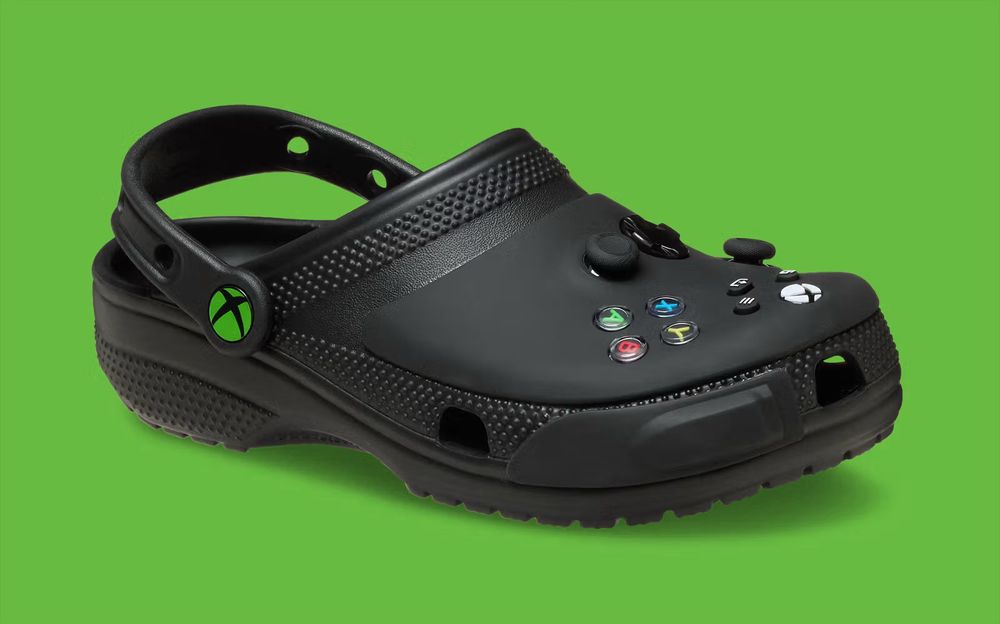 The brand new Xbox croc, which is a real thing. It has Xbox controller buttons and analog sticks on it. Yes, it’s a shoe with controller buttons and sticks on it. 