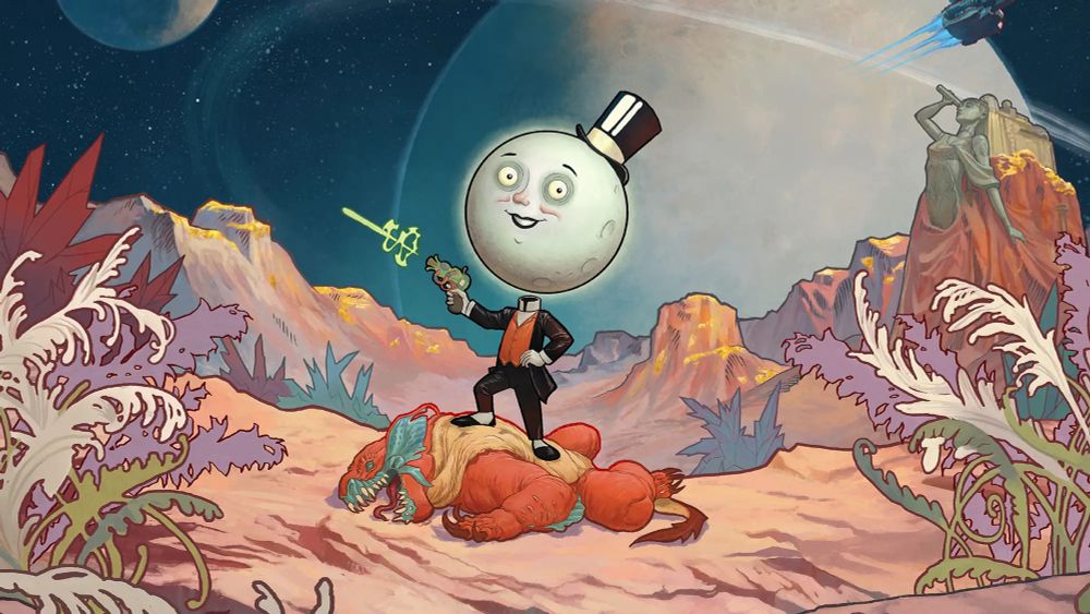 Logo for The Outer Worlds 2, featuring their little moon man mascot