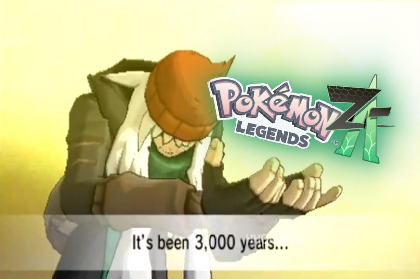 AZ from Pokemon XY crying tears of joy while he holds out the logo to Pokemon Legends ZA