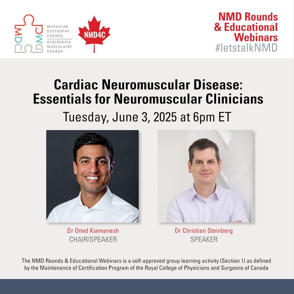 Event poster for NMD4C and MDC webinar: Cardiac Neuromuscular Disease: Essentials for Neuromuscular Clinicians. Tuesday June 3, 2025 at 6pm ET.