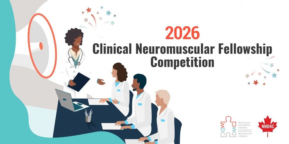 text reading 2026 clinical neuromuscular fellowship competition. graphic of clinicians learning from each other. NMD4C and MDC logos in the corner.