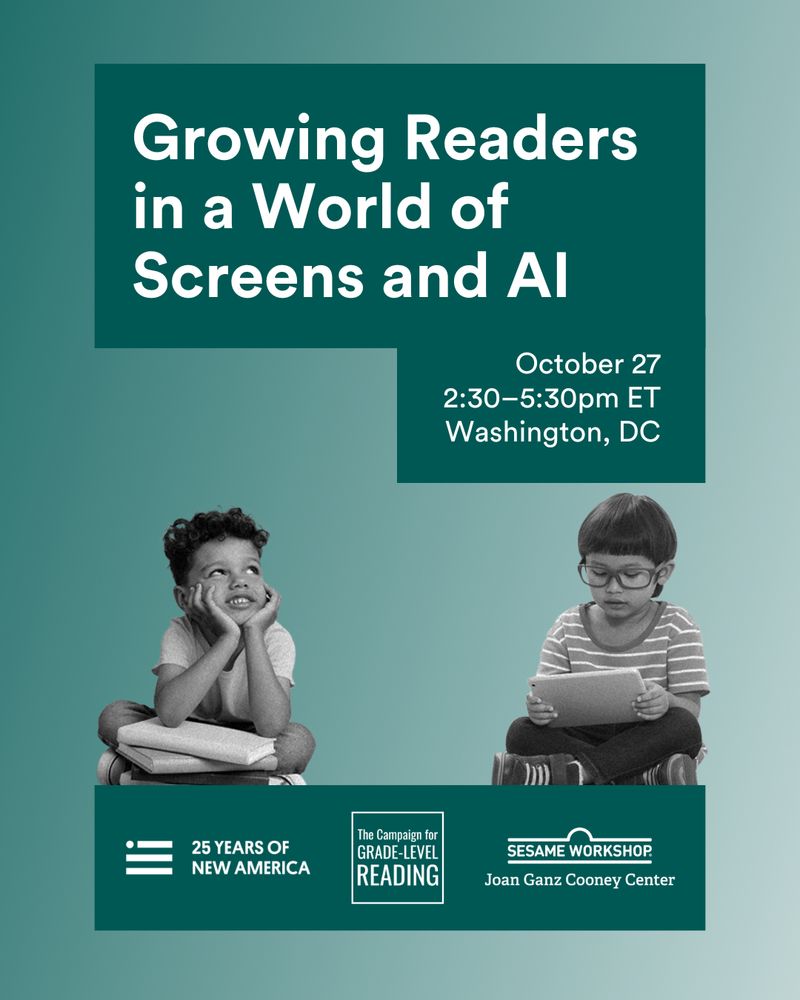 Two young children hold books and a tablet in a promotion for an upcoming event on October 27 at 2:30pm ET at New America called, "Growing Readers in the World of Screens and AI"