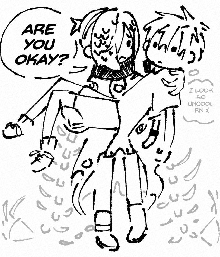 image. art of Mitsuba carrying Kou. Mitsuba is asking Kou if he's okay. Kou is thinking to himself "I look so uncool rn :("