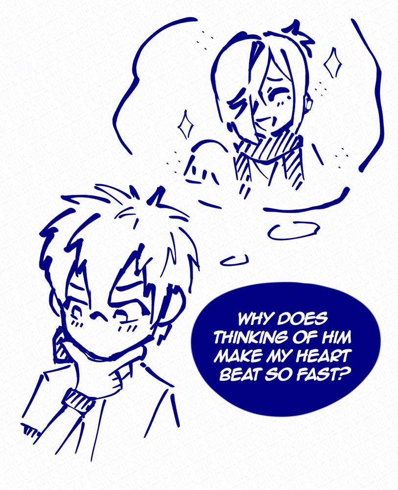 image. art of kou blushing while thinking about mitsuba smiling, thinking to himself "why does thinking of him make my heart beat so fast?"