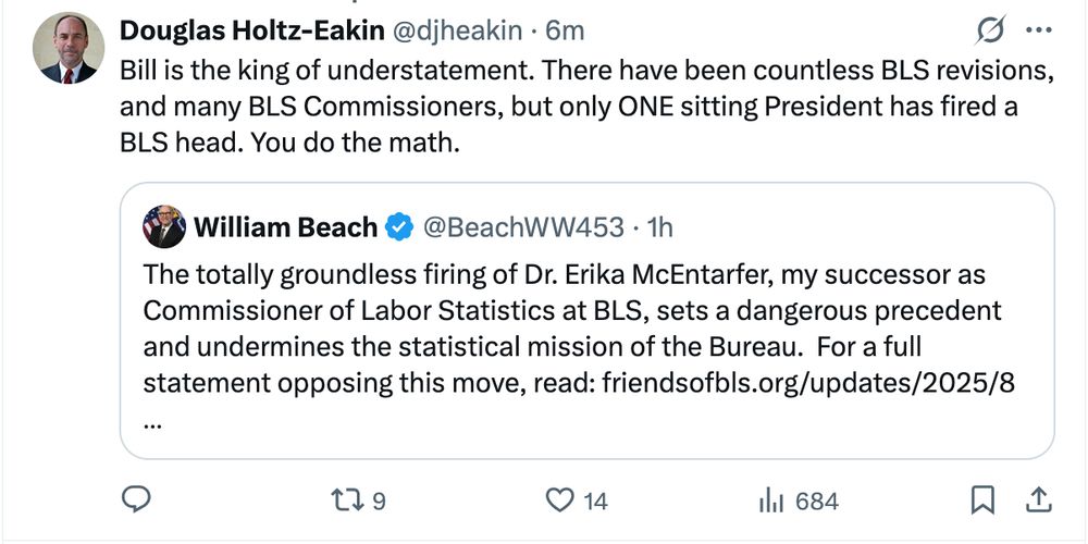 Douglas Holtz-Eakin is a conservative former Congressional Budget Office director, chief economist for McCain 2008, and president of the American Action Forum, a conservative advocacy group. William Beach was Trump's former Commissioner of Labor Statistics in the first term. They're furious about Trump firing the BLS commissioner.