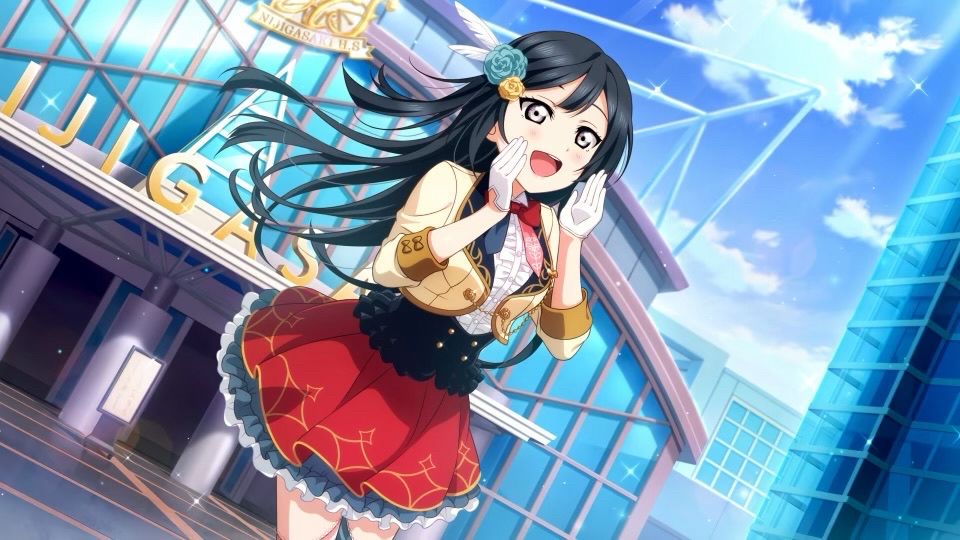 優木せつ菜のキャライメージ画像。
虹ヶ咲学園の校舎を背景に、スクールアイドルの衣装を着た笑顔の優木せつ菜が、口元に両手を当てて何か叫んでいる。スカートが赤。