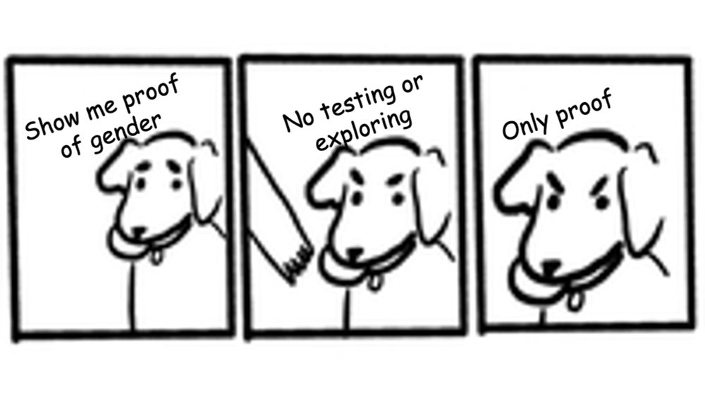 3 panel comic strip in the "no take only throw" format

panel 1: "Show me proof of gender"

panel 2: "No testing or exploring"

panel 3: "Only proof"