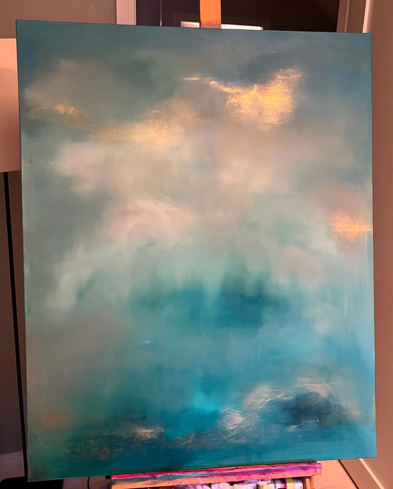 Abstrakti vihreäsävyinen maalaus 80 x 100.