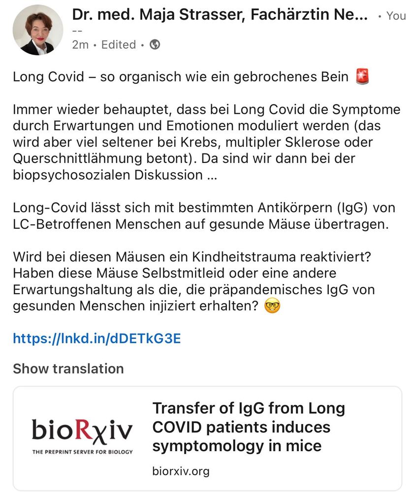 Long Covid – so organisch wie ein gebrochenes Bein 🚨

Long-Covid lässt sich mit bestimmten Antikörpern (IgG) von LC-Betroffenen Menschen auf gesunde Mäuse übertragen. 

Wird bei diesen Mäusen ein Kindheitstrauma reaktiviert? Haben diese Mäuse Selbstmitleid oder eine andere Erwartungshaltung als die, die präpandemisches IgG von gesunden Menschen injiziert erhalten? 🤓 

https://www.biorxiv.org/content/10.1101/2024.05.30.596590v1
