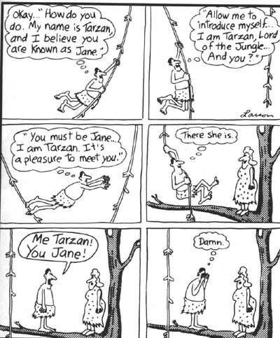 Cartoon by Gary Larson, showing Tarzan on the way to Jane, rehearsing some really fancy lines, such as: ”How do you do. My name is Tarzan and I believe you are known as a Jane.“ 
When he is in front of Jane, he says: “me Tarzan! You Jane!“ And in the last frame, he makes a face palm and thinks “damn!“