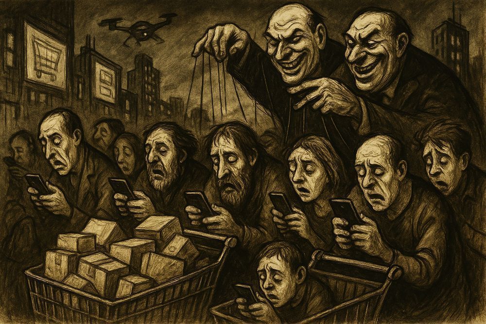 AI generated image in the style of Honoré Daumier showing people hunched over smart phones and shopping carts attached to puppet strings held by authoritarian politicians. 