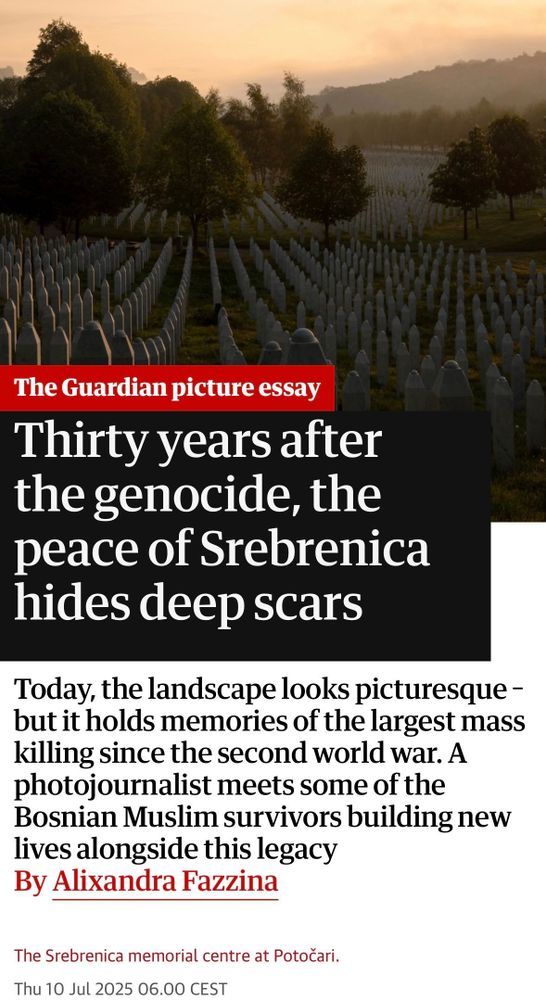 The guardian picture essay. 30 years after the de genocide, the peace of Srebrenica hides deep scars. (The picture shows a wonderful rural landscape at dusk, with a huge cemetery - the memorial center at Potočari)