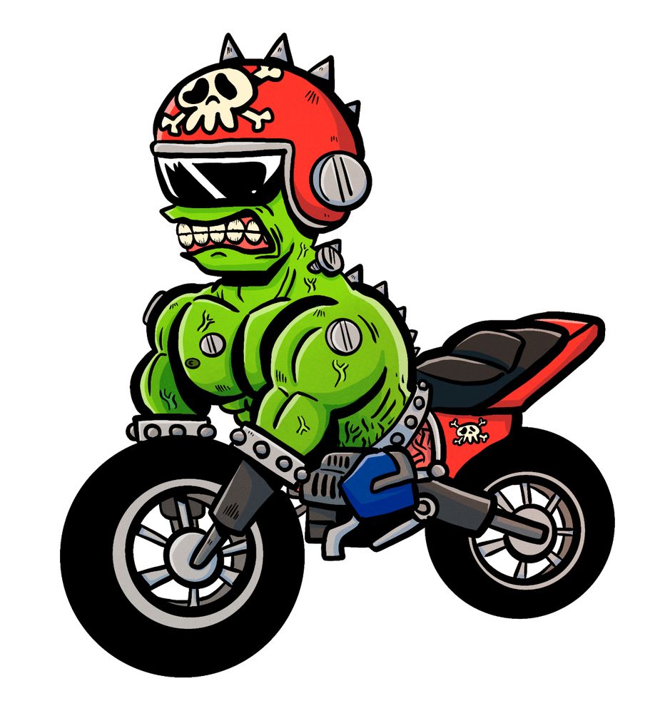 Some sort of motorcycle centaur. Back half of a motorbike with a muscular green body protruding from the front with both arms connecting to one wheel. 