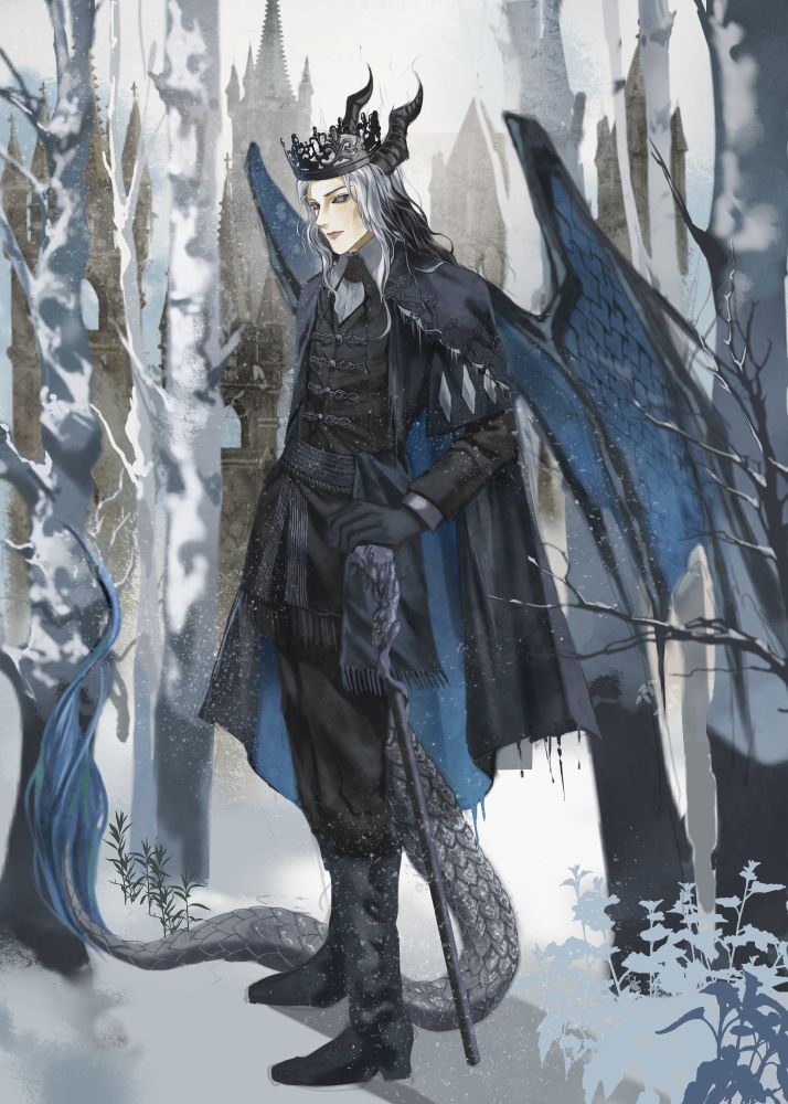 An art piece of my character Isokel, standing in the midst of a snowy forest. A castle stands in the background/distance, while it snows all around him. 
