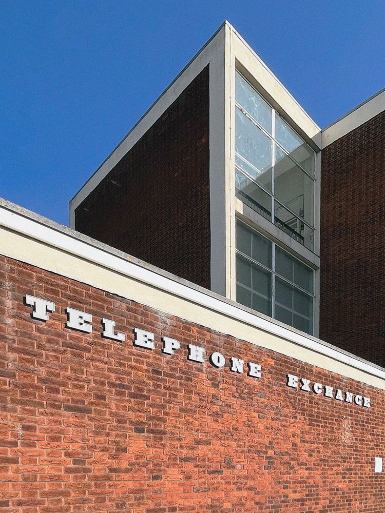 A colour photgraph of the sign and large windows for Hornchurch Telephone Exchange